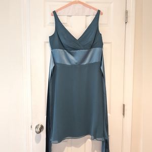 Jim Hjelm Occasions teal bridesmaids dress with satin ribbon